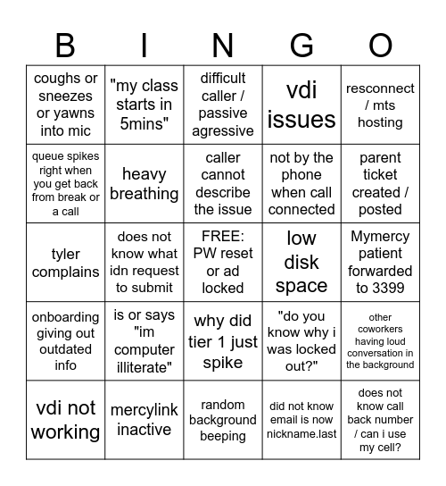 SERVICE CENTER BINGO Card