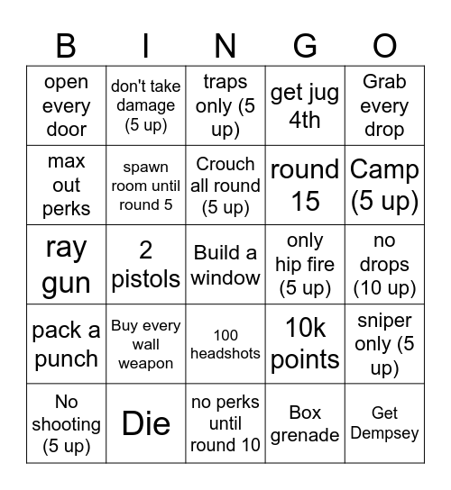 COD Zombie Bingo Card