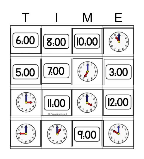 Digital and Analog Time to the Hour Bingo Card
