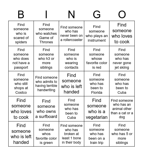 GET TO KNOW YOU Bingo Card