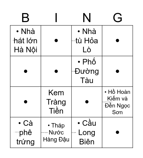 Hanoi Sight Seeing Bingo Card