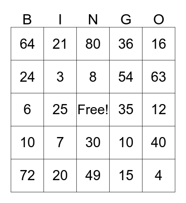 Multiplication Bingo Card