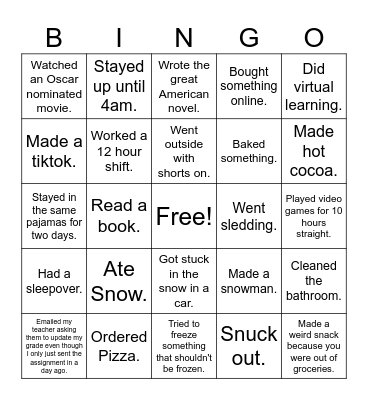 Snow Day/Winter Break Bingo Card