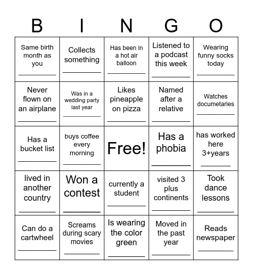 Ice Breaker Bingo Card