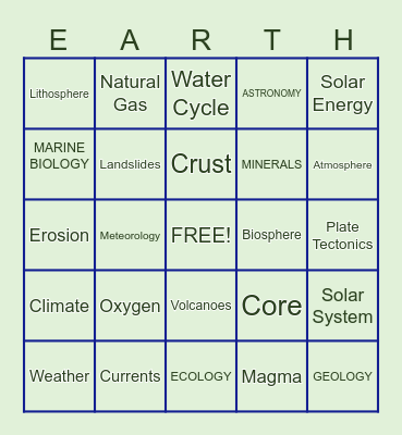 Earth Science Bingo Card