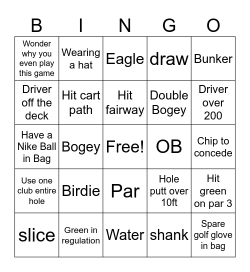 Golf Bingo Card
