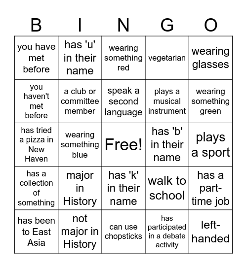 Know Your Classmates Bingo Card