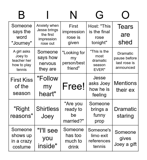 Bachelor Joey - Night 1 Bingo Card