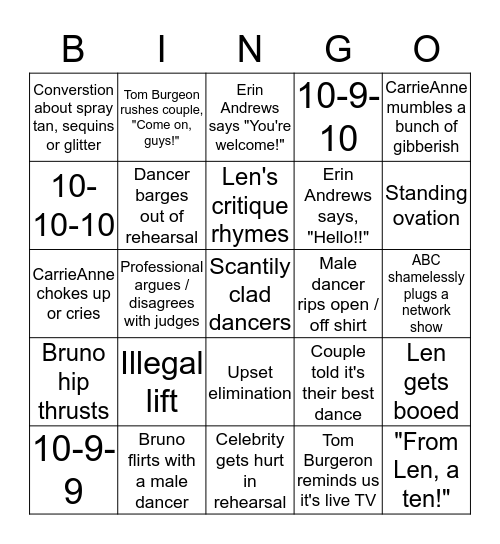 D W T S Bingo Card