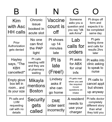 Chang Nurse Bingo Card