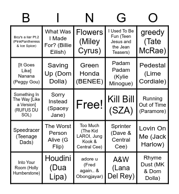 Triple J Hottest 100 2023 Bingo Card