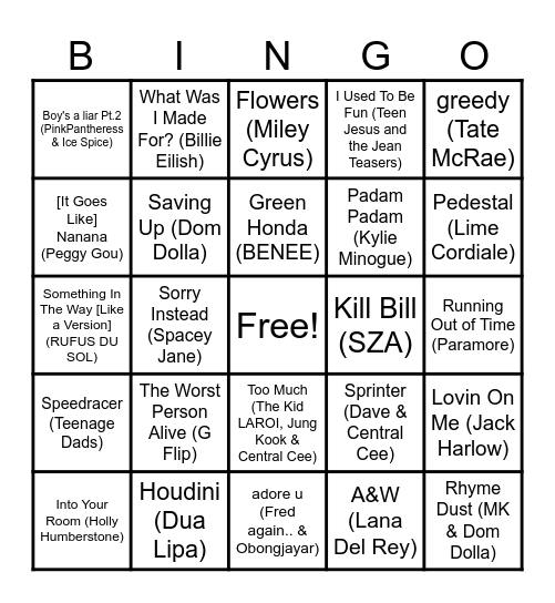 Triple J Hottest 100 2023 Bingo Card