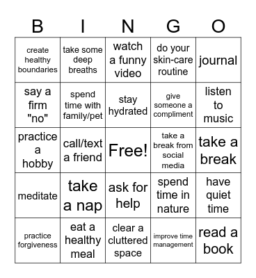 Self-Care Bingo Card