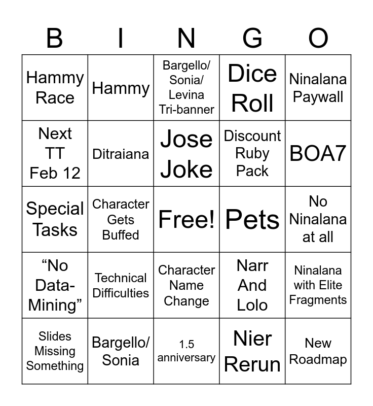1/22 TT Bingo Card