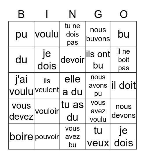 Fr. 2 unité3: boire,pouvoir,devoir, vouloir Bingo Card