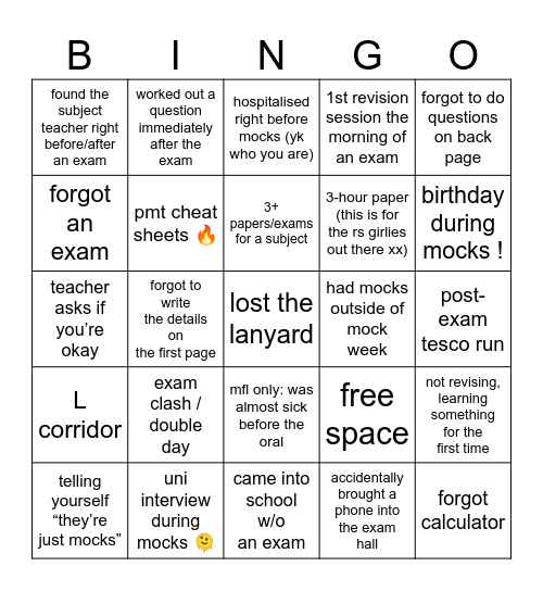 mocks ;-; Bingo Card