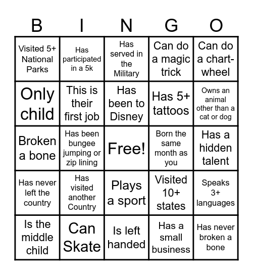 Employee Bingo (Find someone) Bingo Card