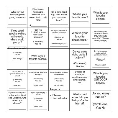 Directions: Answer ALL of the questions listed below. If you circle "NO" for any of the boxes, you must also color that box RED. Bingo Card
