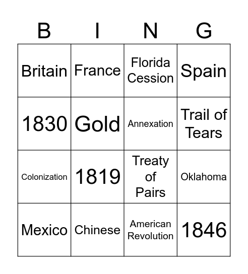 Westward Expansion/ Manifest Bingo Card