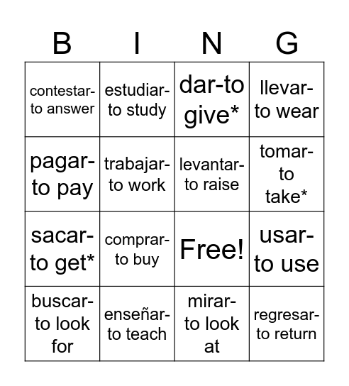 AR Verbs Bingo Card