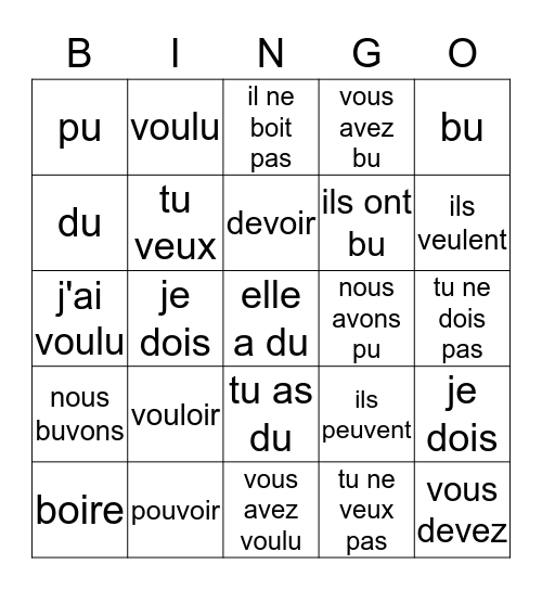 Fr. 2 unité3: boire,pouvoir,devoir, vouloir Bingo Card