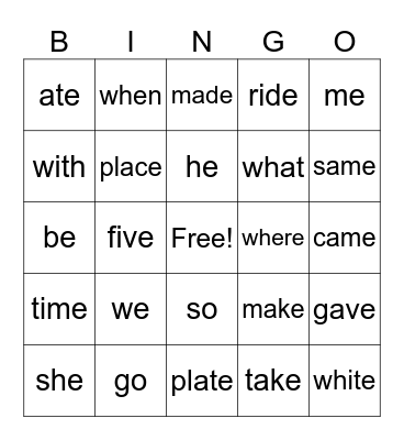 Sight Words Bingo Card