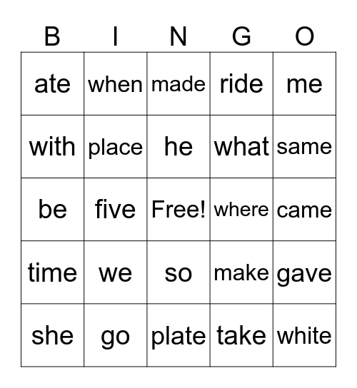 Sight Words Bingo Card