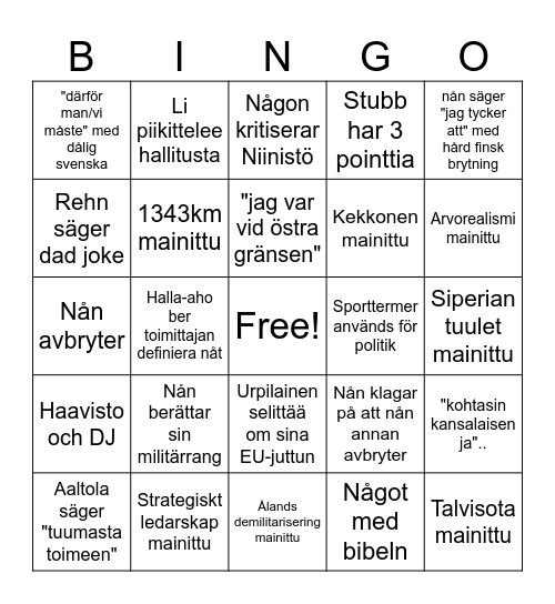 Valbingo! Bingo Card