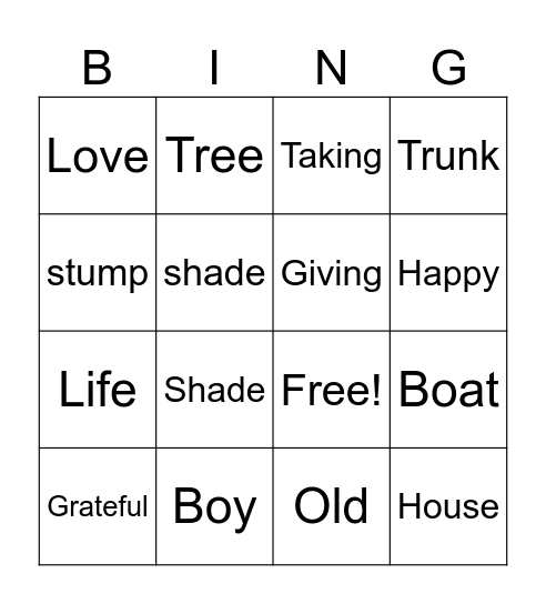 The giving tree Bingo Card