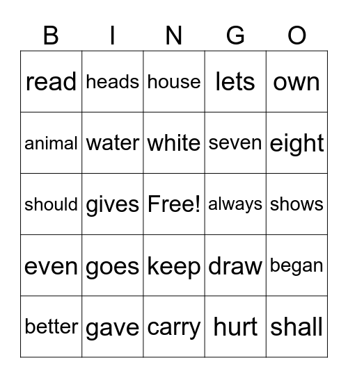 1st grade Bingo Card