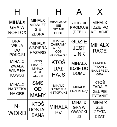 TWITCH MIHALX Bingo Card