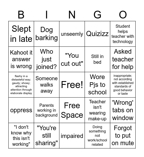 Virtual Classroom Bingo Card