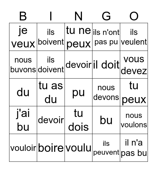 Fr. 2 Unité 3-pouvoir,vouloir,devoir,boire Bingo Card