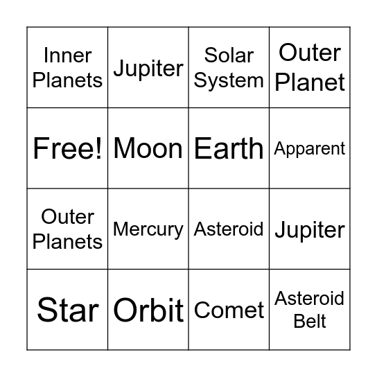 Topic 6: Solar System Bingo Card