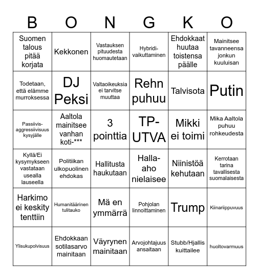 Vaalitentti-bingo Card