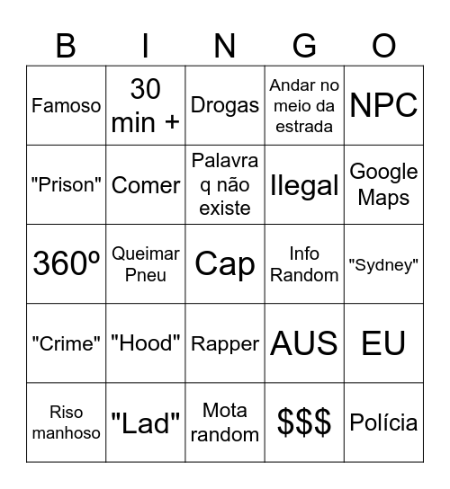 Hood Bingo Card