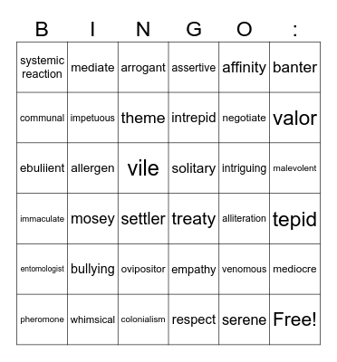 Vocabulary Animal Defense and Vocabulary Bingo Card