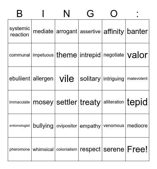 Vocabulary Animal Defense and Vocabulary Bingo Card