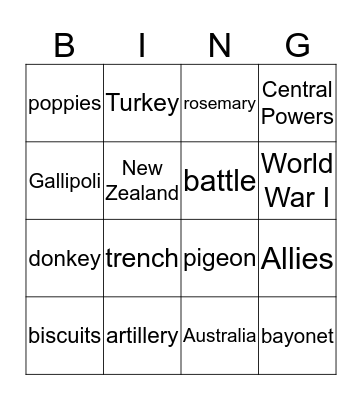 ANZAC bingo Card