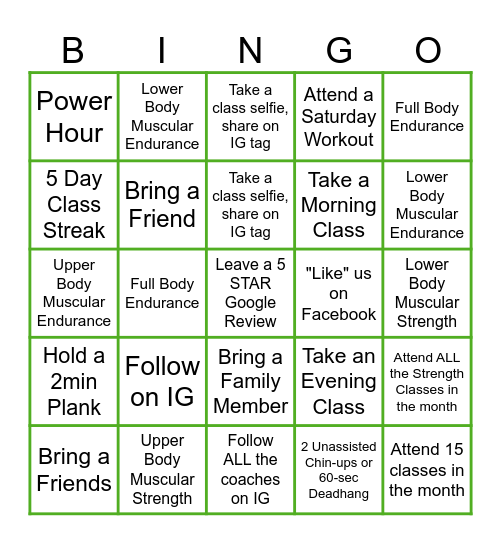 TRUHit Fitness Bingo Card