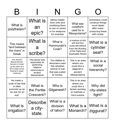 Mesopotamia Quiz Review Bingo Card