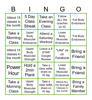 TRUHit Fitness Bingo Card