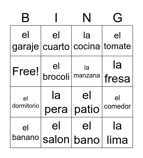 partes de la casa, frutas, Bingo Card