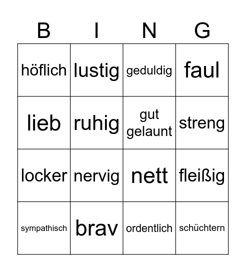 Eigenschaften Bingo Card