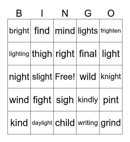 -i and igh Bingo Card