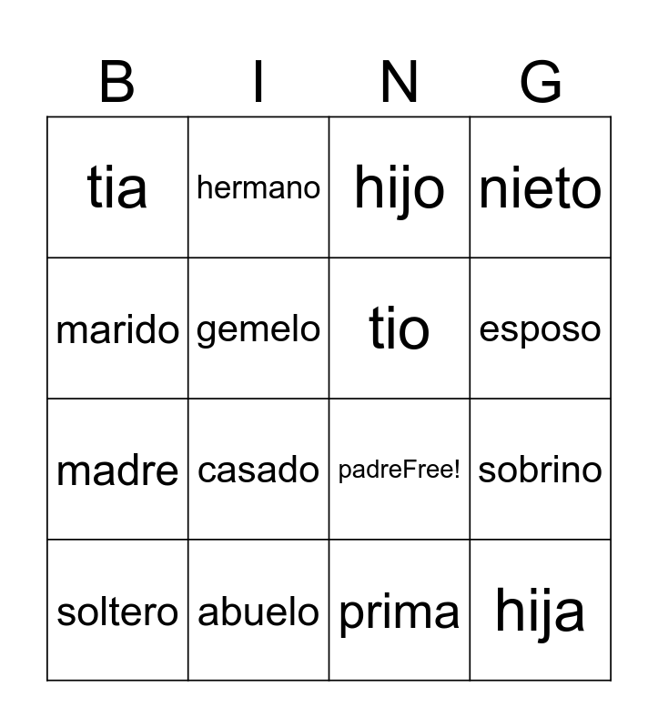 La Familia Bingo Card