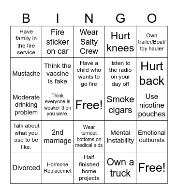 Pasadena Fire Bingo Card
