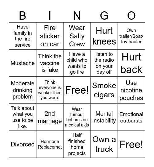 Pasadena Fire Bingo Card