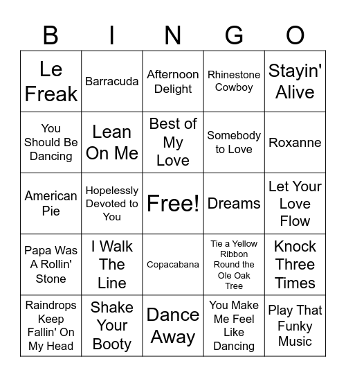 70s Songs pt.2 Bingo Card