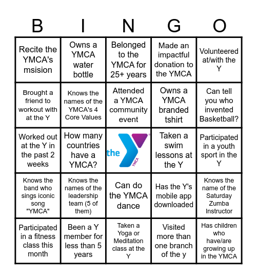 YMCA Bingo Card